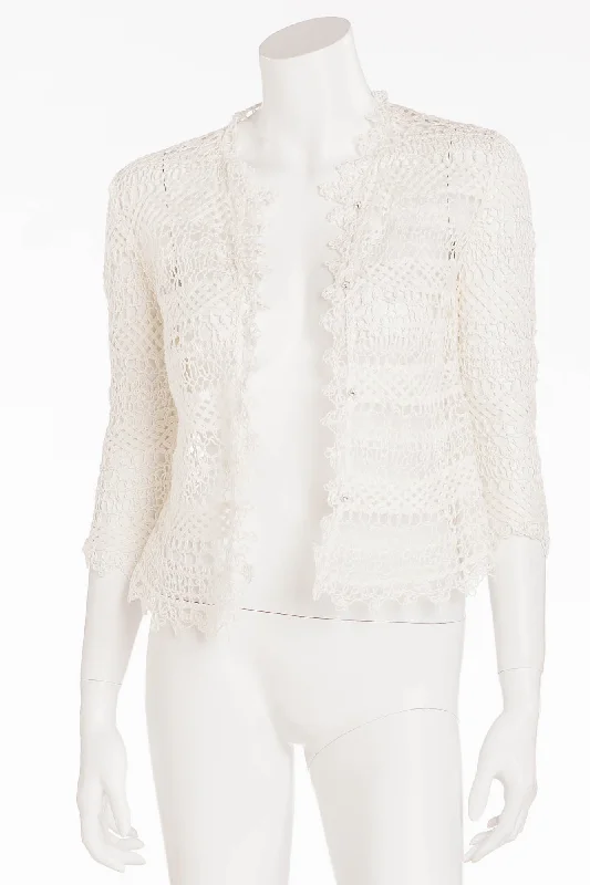 Minimal Classic Valentino - White Crochet Lace 3/4 Sleeve Button Up Jacket - IT 42