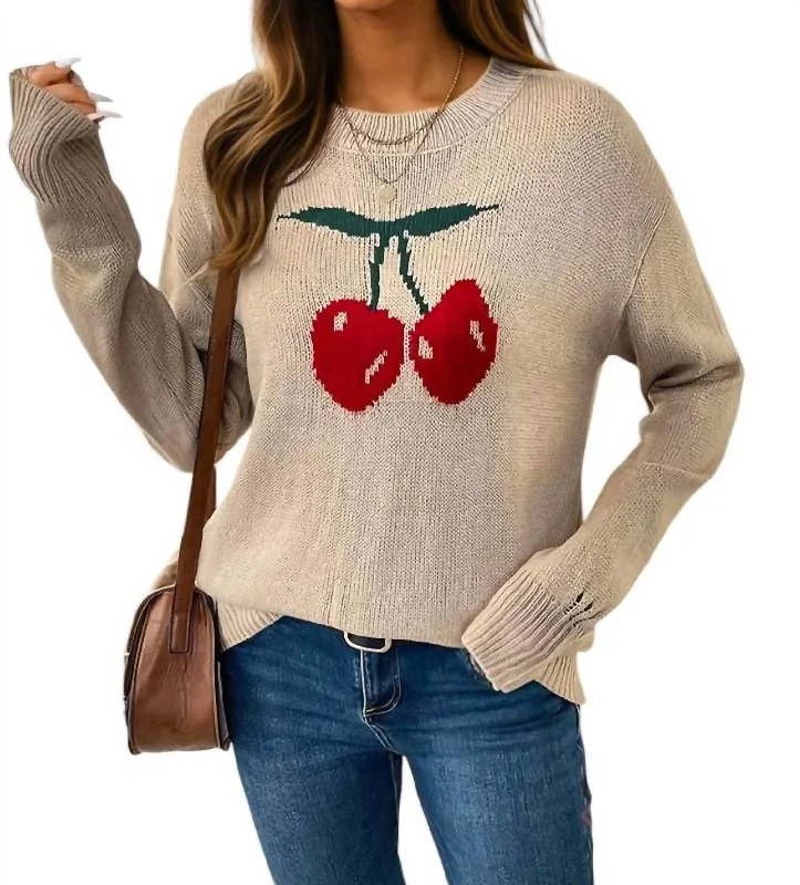 Relaxed Tops Cherries Crewneck Pullover Distressed Sweater In Khaki