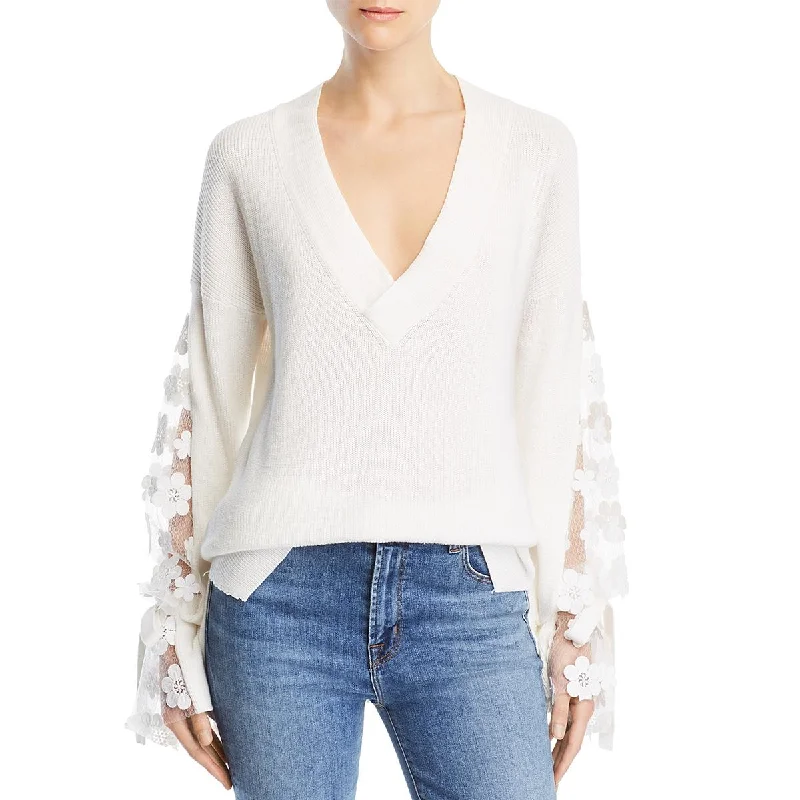 Stylish Ease French Connection Womens Lace Trim Long Sleeves Pullover Sweater