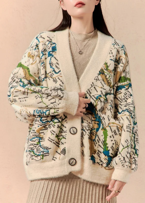 Simple Design Stylish Beige V Neck Print Button Cotton Knit Cardigan Winter