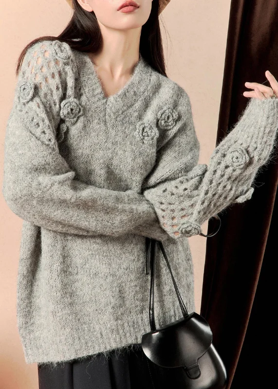 Retro Prints Floral Grey V Neck Hollow Out Knit Sweater Winter