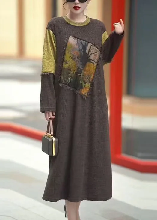 Elegant Dressing Vintage Coffee O-Neck Patchwork Knit Dress Winter