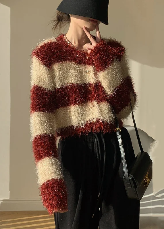 Modernism Stylish Red Striped Fluffy Button Knit Cardigans Winter