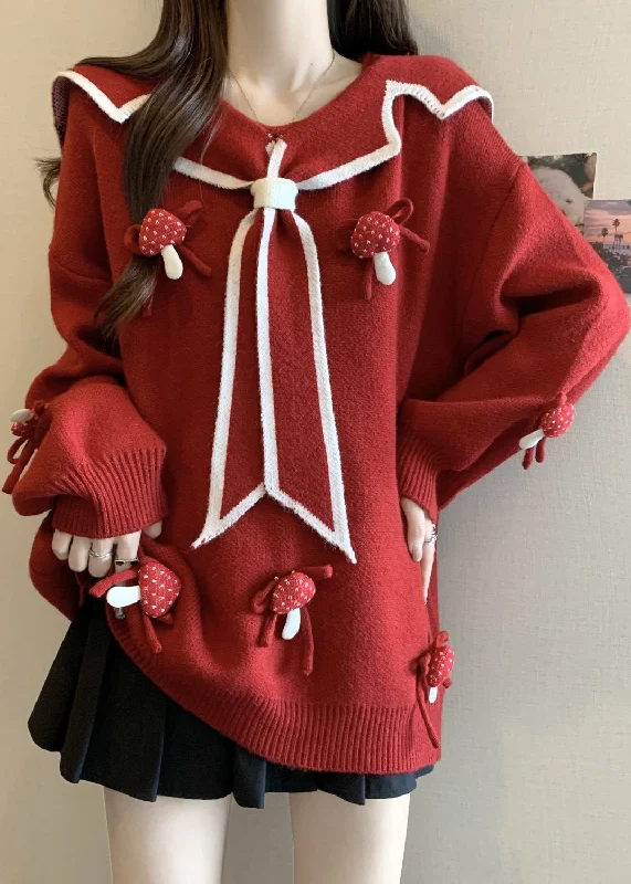 Casual Chic Wear Chic Red Sailor Collar Thick Knit Sweaters Winter