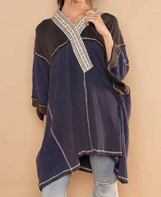 Casual And Versatile Mix Knit Kimono Top In Navy Combo