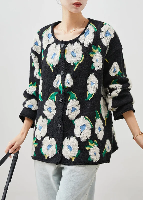 Eye-catching Personality Unique Black Oversized Jacquard Knit Cardigan Winter