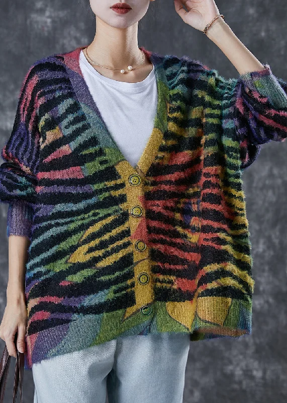 Comfortable And Casual Women Rainbow Oversized Striped Knit Cardigan Winter
