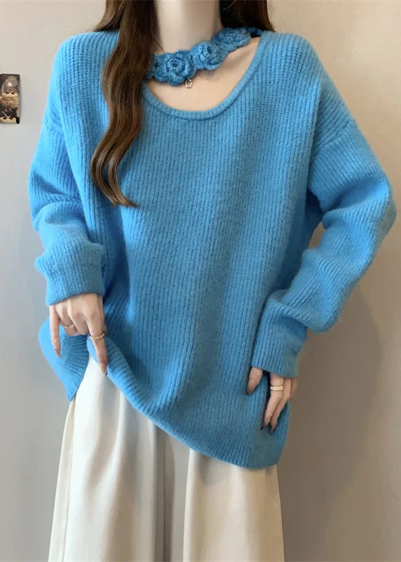 Relaxed Jackets Boutique Blue Hollow Out Floral Knit Sweater Winter