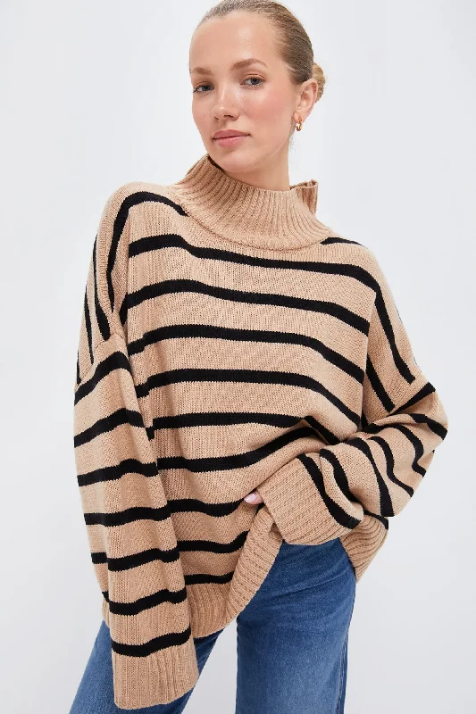 Noble Temperament Soft Taupe and Black Oversized Funnel Neck Sweater