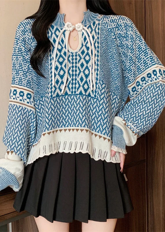 Floral Prints Boutique Blue Tasseled Jacquard Knit Short Sweater Winter