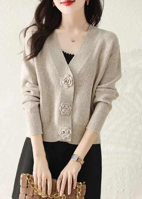 Soft Style Stylish Apricot V Neck Button Knit Cardigans Fall