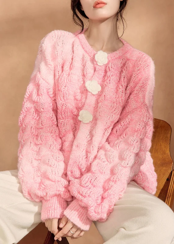 Fresh And Elegant Simple Pink O Neck Floral Button Knit Cardigan Fall