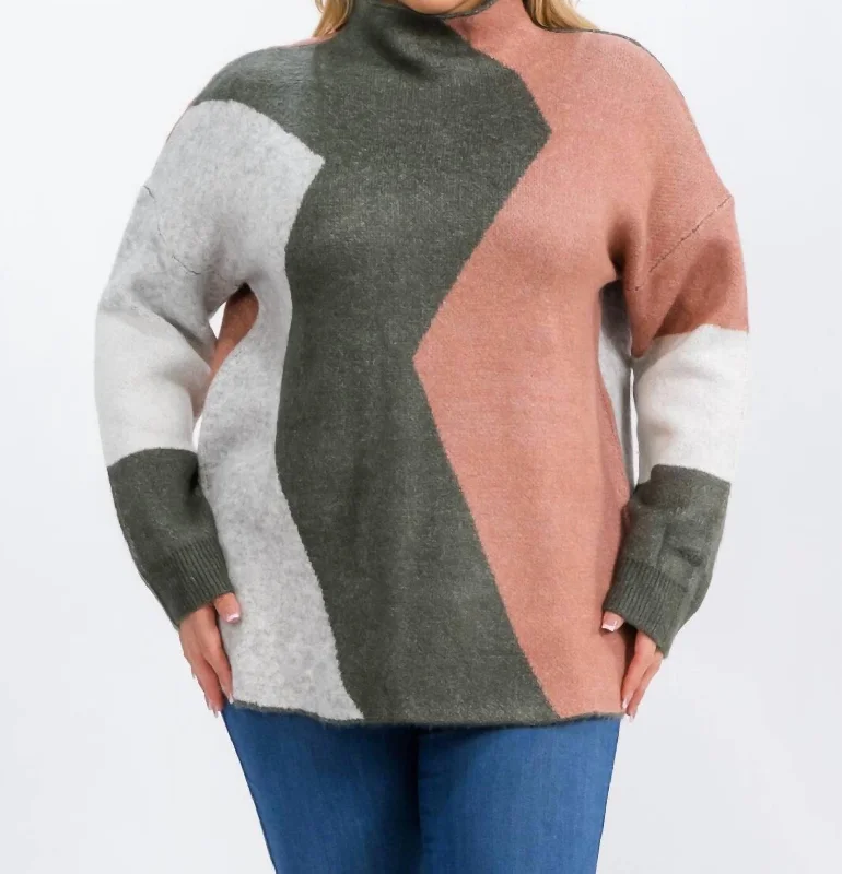 Fashion Must-have Mock Neck Colorblock Pullover - Plus In Pink/green/gray