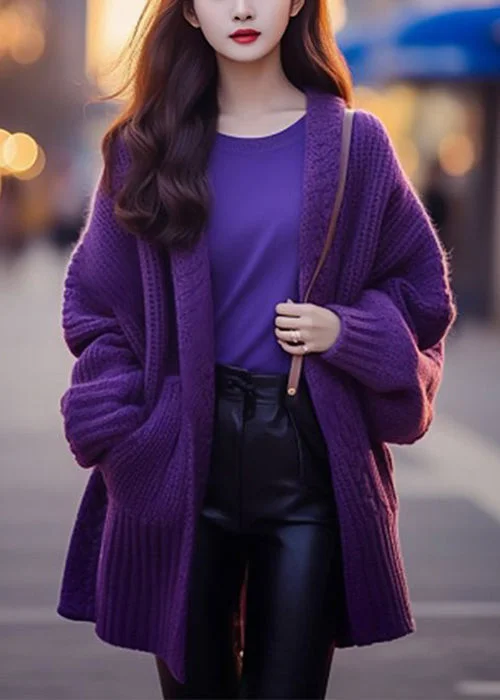 Slightly Flared Design Women Purple V Neck Pockets Cotton Knit Cardigan Long Sleeve