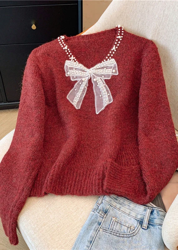 Trendy Comfort Wear Stylish Red V Neck Bow Nail Bead Knit Sweater Winter