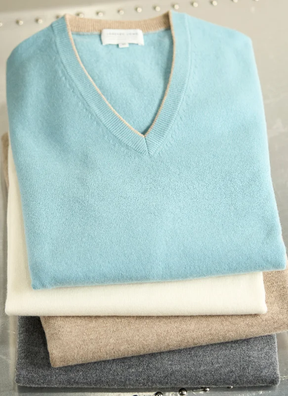 Soft Comfort Wear Men's Melbourne Contrast V-Neck Extra-Fine Pure Merino Wool Sweater in Robin Egg