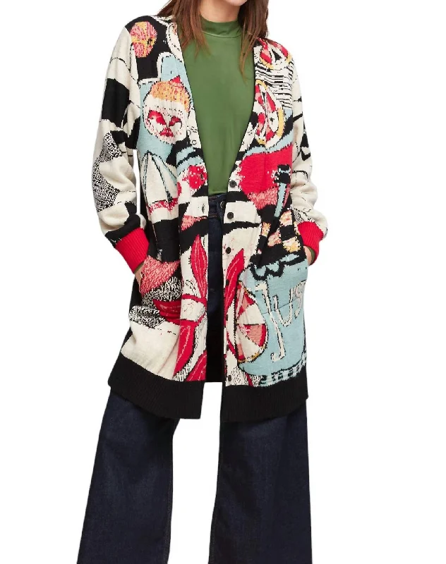 Classic And Versatile Burdeos Knitted Sweater Coat In Multi