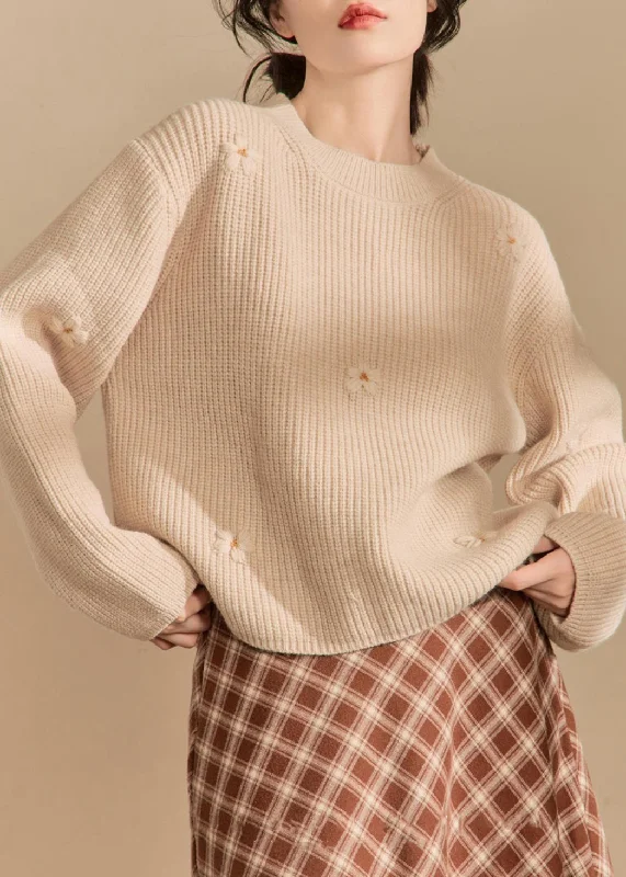 Spring Fashion New Beige O Neck Solid Cozy Knit Sweaters Winter