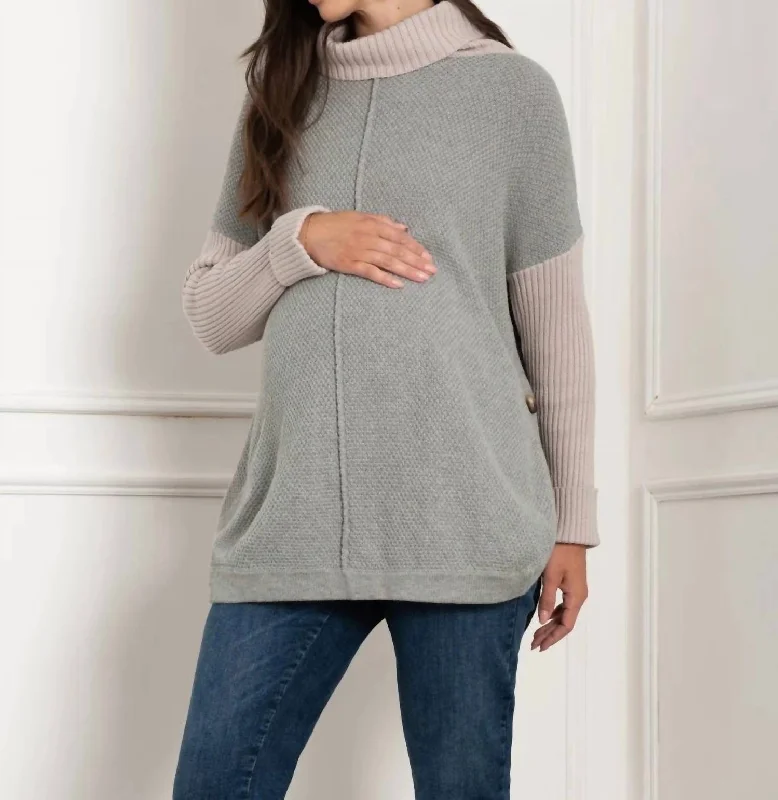 Loose Fit Bertra Roll Neck Knit Maternity + Nursing Sweater In Grey Navy