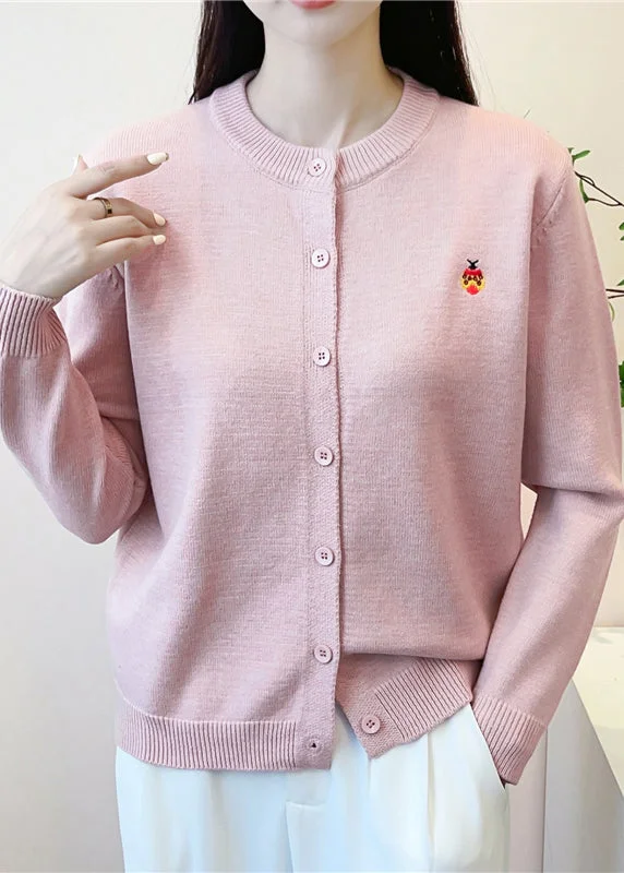 Warm Wear Simple Pink O-Neck Print Button Knit Cardigan Fall
