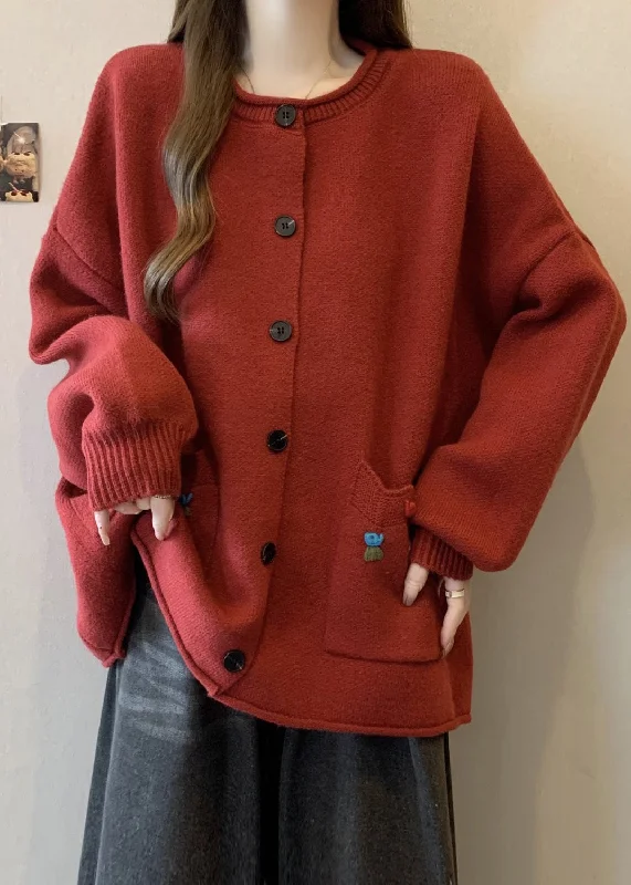 Fresh And Natural Style Red O Neck Button Pockets Knit Cardigan Winter