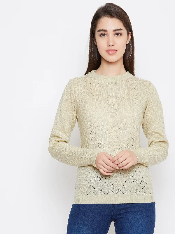 Simple Matching JUMP USA Women Cream Self Design Sweater