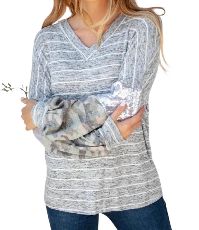 Fresh And Simple Silver Sequin Camo Sleeve Sweater In Grey