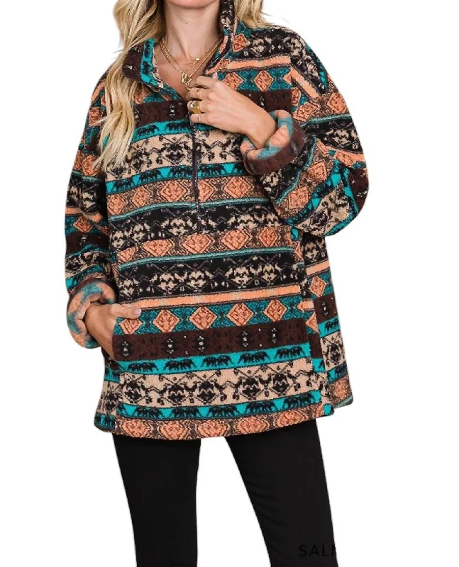 Relaxed Chic Out On The Range Fleece Pullover In Brown