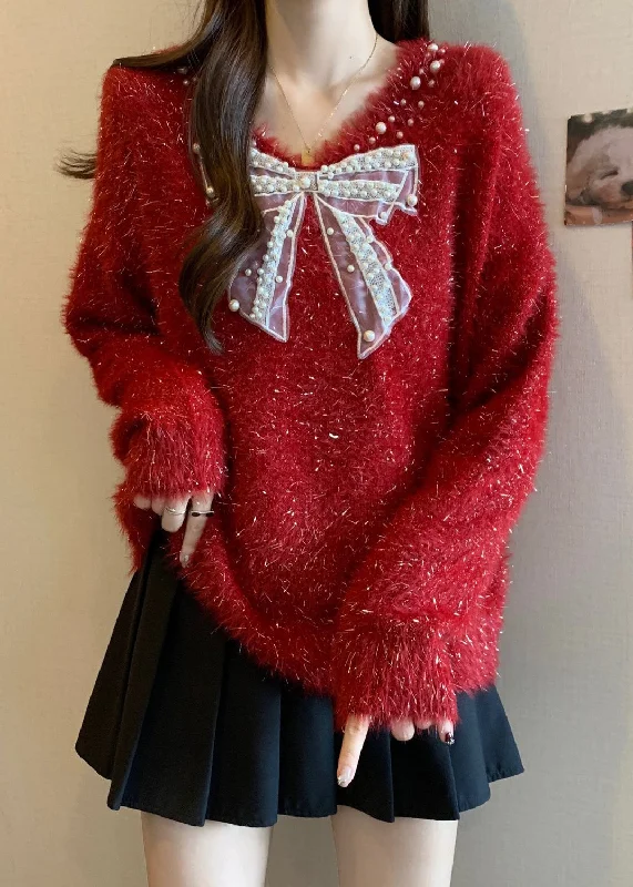All-Day Style French Red Bow Nail Bead New Year Knit Sweaters Winter