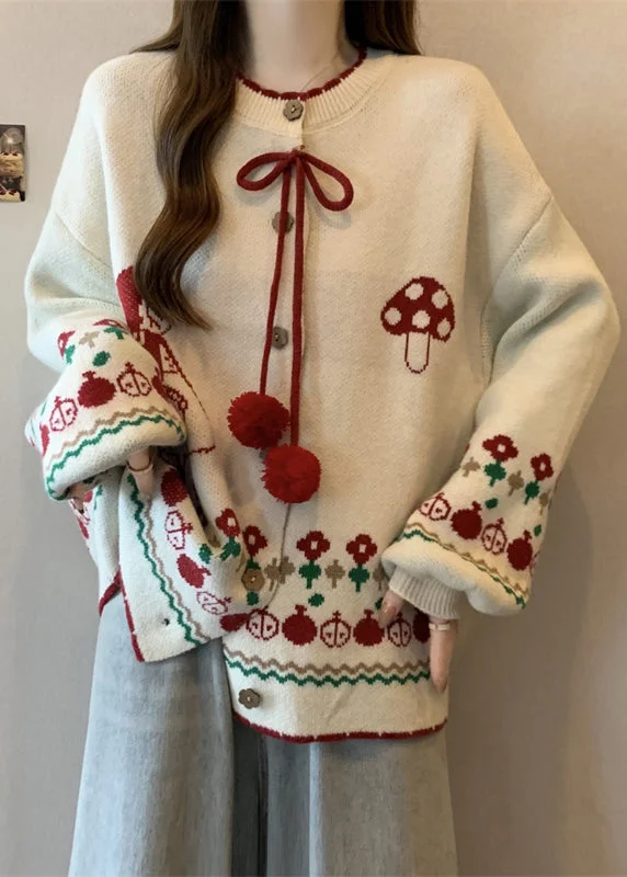 Knowledge And Elegance Style Apricot O Neck Lace Up Jacquard Knit Cardigans Winter
