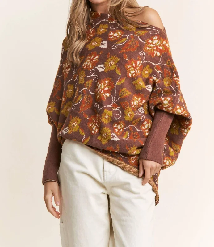 Casual Chic Looks Candance Floral Asymmetrical Long Sleeve Knit Poncho In Mars Brown