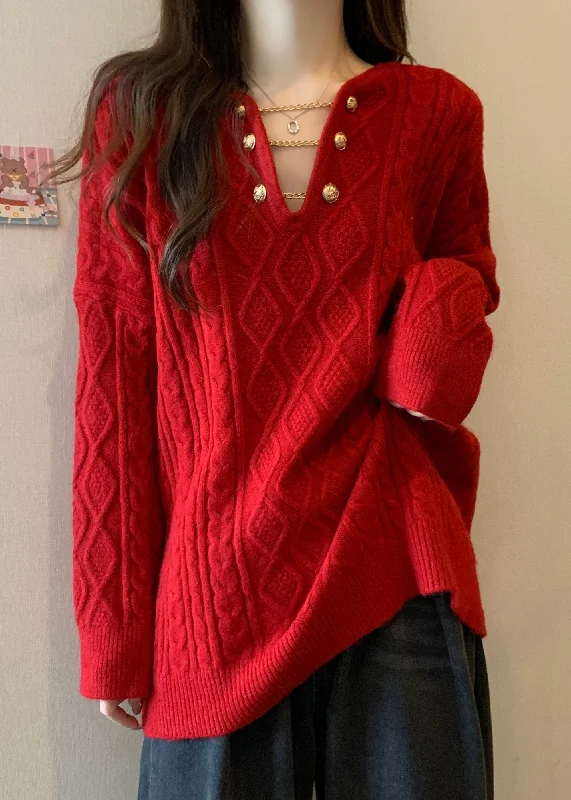 Windbreaker fashion Plus Size Red V Neck Thick Cable Knit Sweaters Winter