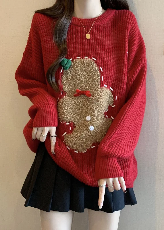 Leisure Travel Loose Red O Neck Embroidered Thick Christmas Knit Sweater Winter