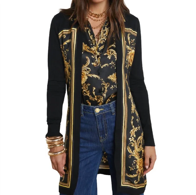 Trendy Traveler Beverley Silk Panel Cardigan In Black/gold Barocco