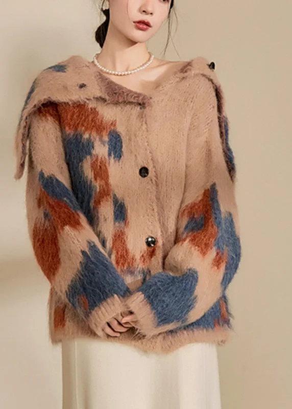 Luxury Classic Women Brown Print Button Cotton Knit Cardigan Winter