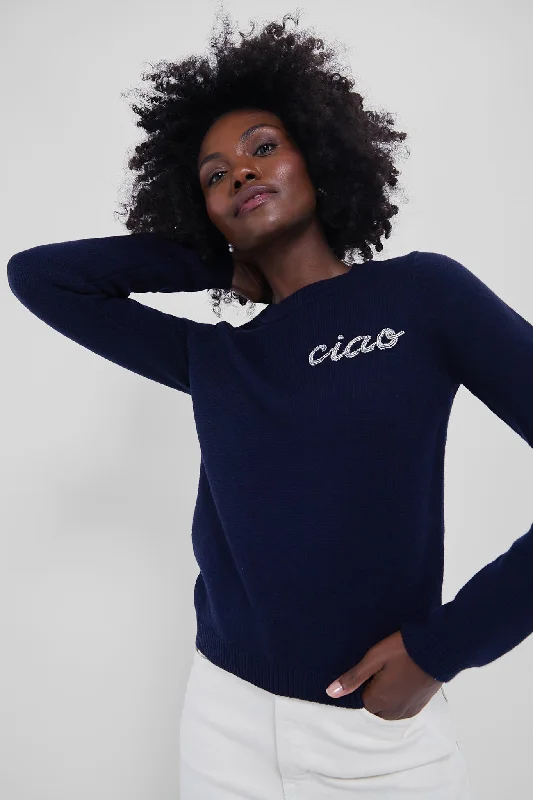 Timeless Outfits Navy Crewneck Ciao Beaded Sweater