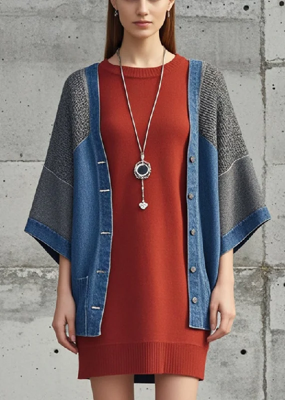 Mid-length Style Plus Size Denim Blue Oversized Patchwork Knit Cardigan Fall