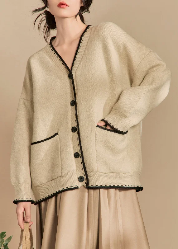 Classic Comfort Loose Beige Button Pockets Cotton Knit Cardigan Winter