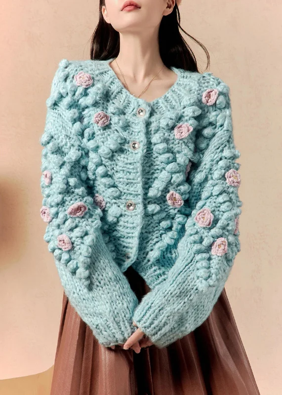 Stylish Ease Floral Blue O Neck Button Knit Cardigan Winter