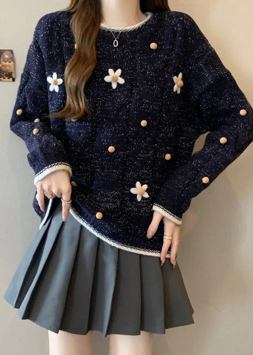Urban Style Fitted Navy O-Neck Embroidered Knit Short Sweater Winter