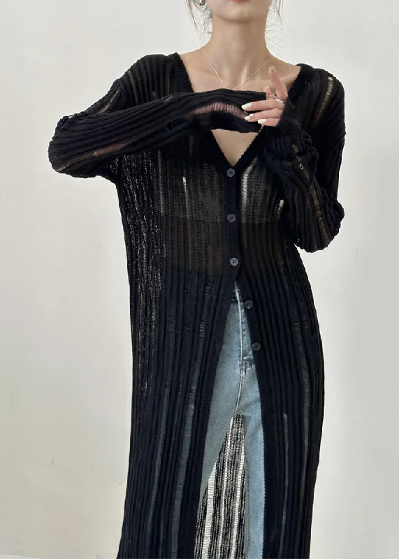 Street Fashion Women Black V Neck Hollow Out Ice Silk Knit Cardigan Fall