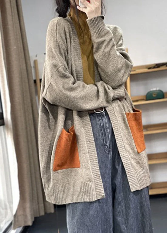 Trendy Traveler Plus Size Khaki Pockets Patchwork Knit Cardigan Fall