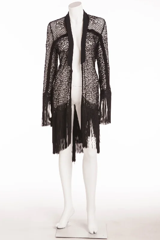 Innovative Design Ermanno Scervino - Black Knitted Long Cardigan with Fringe -IT 42