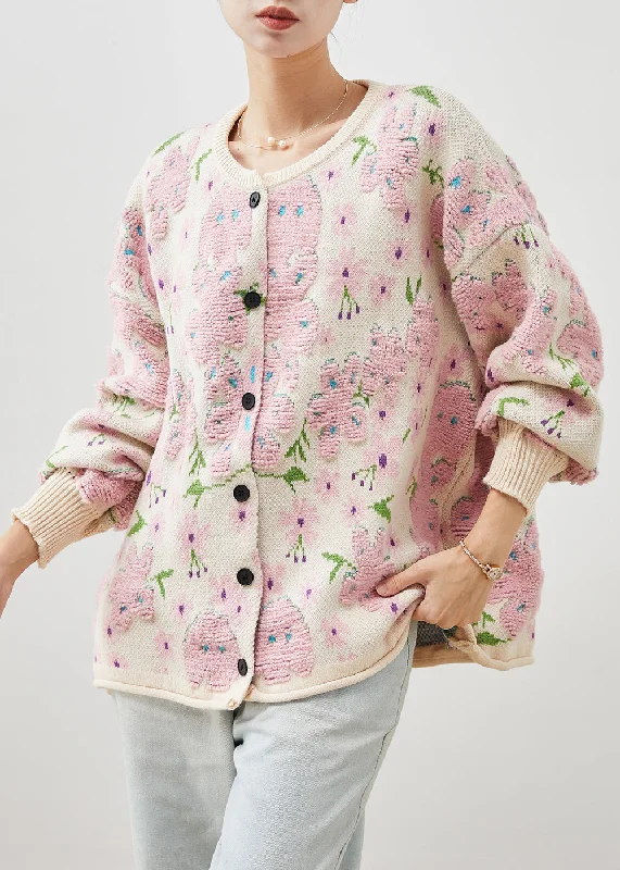 Multifunctional Style Plus Size Light Pink Oversized Jacquard Knit Cardigans Winter