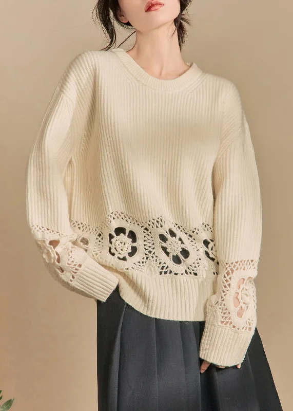 Design Must-have Loose Beige Hollow Out Solid Knit Sweater Winter
