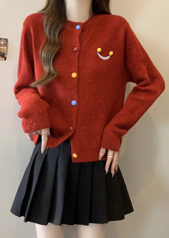 College Style French Red O Neck Button Knit Cardigans Winter