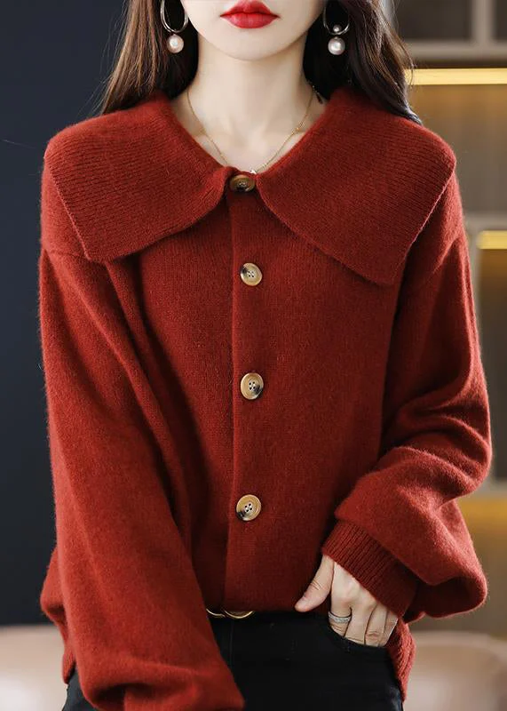 Soft Casuals Stylish Red Peter Pan Collar Button Solid Knit Cardigan Fall