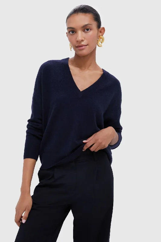 Noble And Elegant Navy Cashmere Emma V-Neck Boyfriend Sweater
