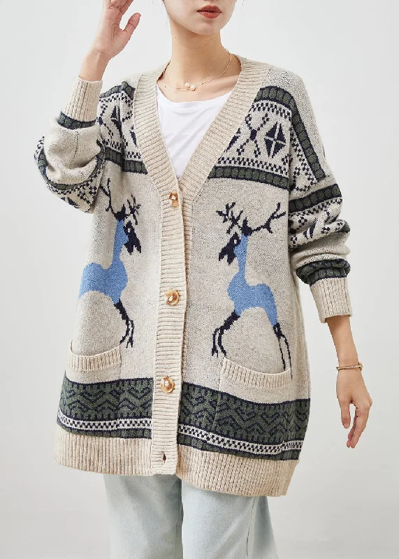 Unique Design Women Khaki Oversized Print Knit Cardigans Winter