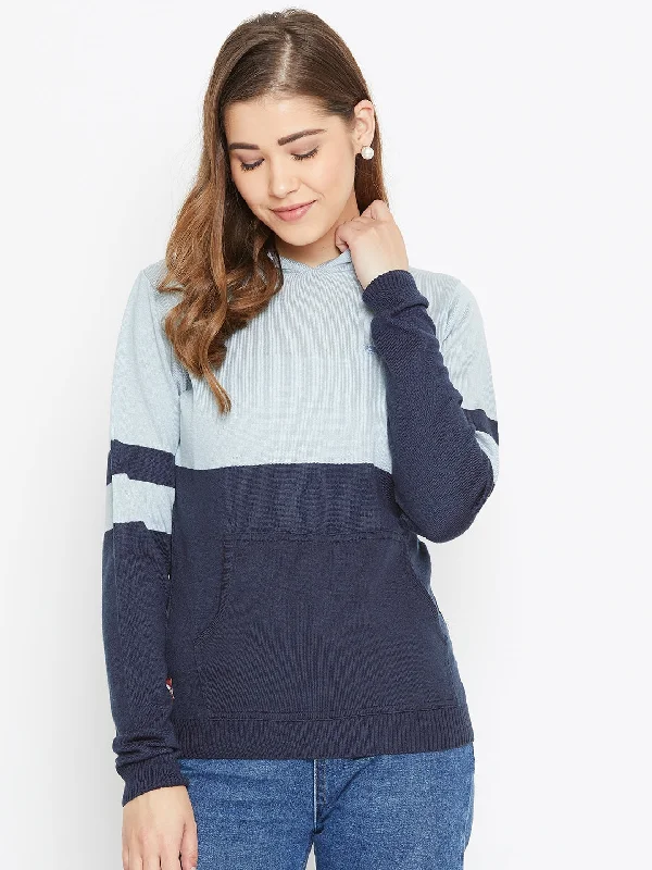 Fashion Innovation JUMP USA Women Blue Colourblocked Hooded Sweater